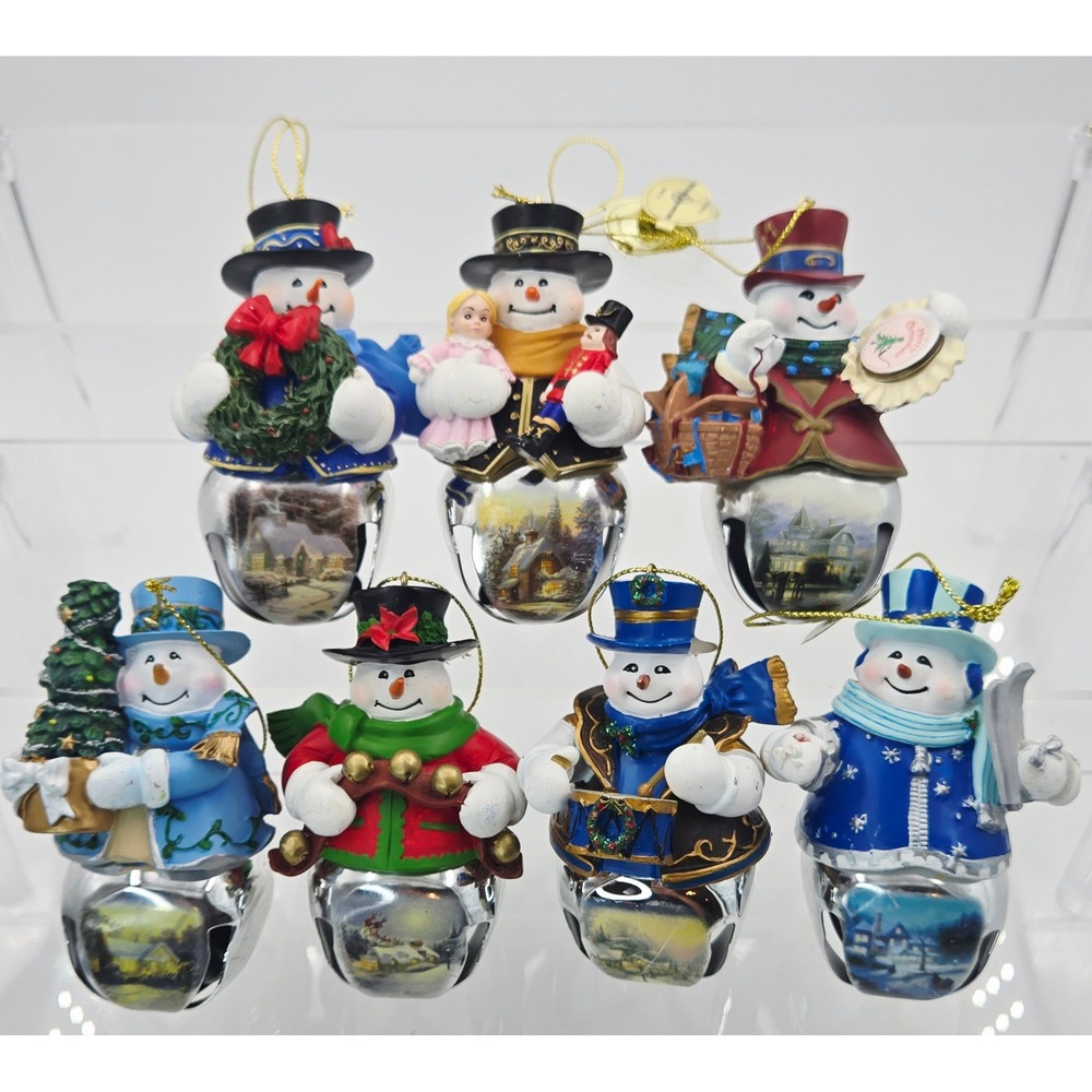 Thomas Kinkade Sharing Wintertime Memories Snow-bell Snowman Ornament Set of 7
